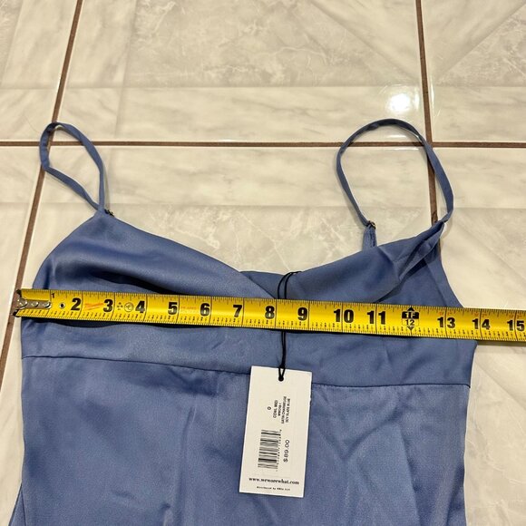 NWT WeWoreWhat Revolve Blue Slate Periwinkle Satin Midi Cowl Neck Dress Size 0 - Picture 10 of 12